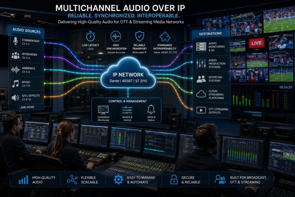 Setup and Management of Multichannel Audio over IP for OTT and Streaming Media Networks